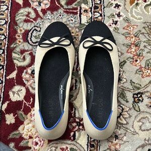 Black and Cream Ballet Flats with Bow Detail